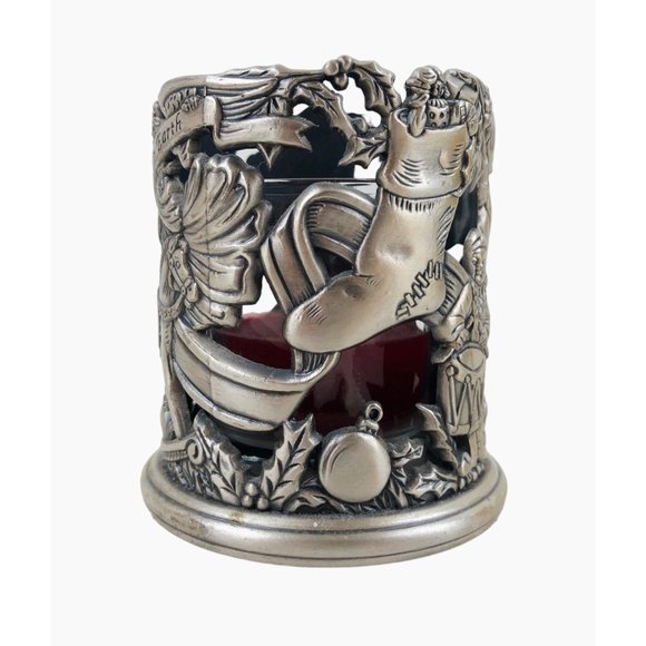 Vintage Peace On Earth Candle Votive Holder Pewter Christmas Holiday Santa - Picture 7 of 10